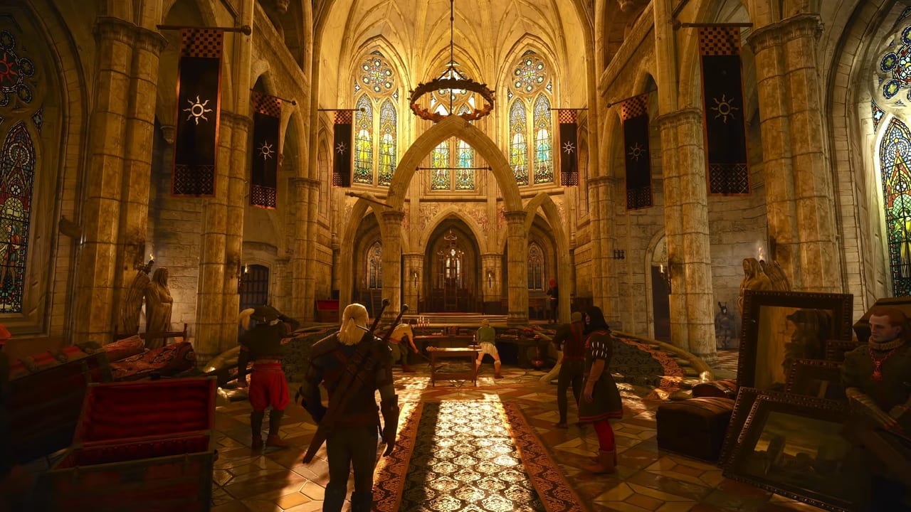 Geralt standing in a gothic cathedral hall in The Witcher 3: Wild Hunt — Remastered, stained glass, banners, and sunlit stone.